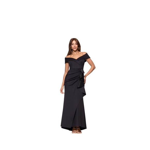 Xscape Evenings Long Off the Shoulder Scuba Crepe Dress, Black, Size 4P - Picture 1 of 6